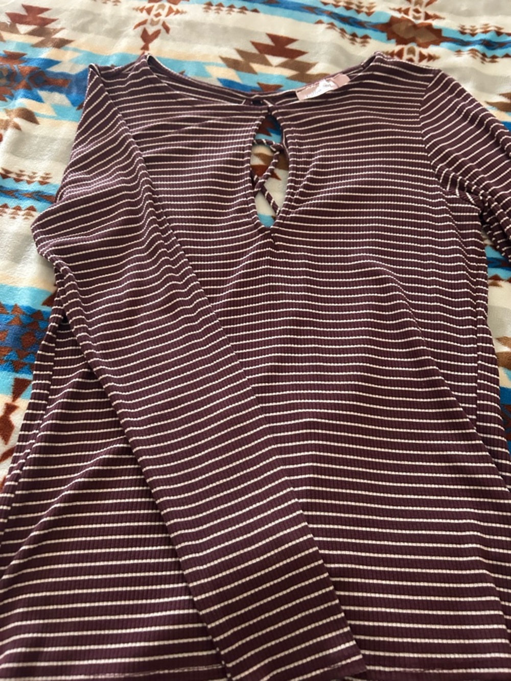 Willow Tree Brown and White Striped Long-Sleeve Keyhole Top